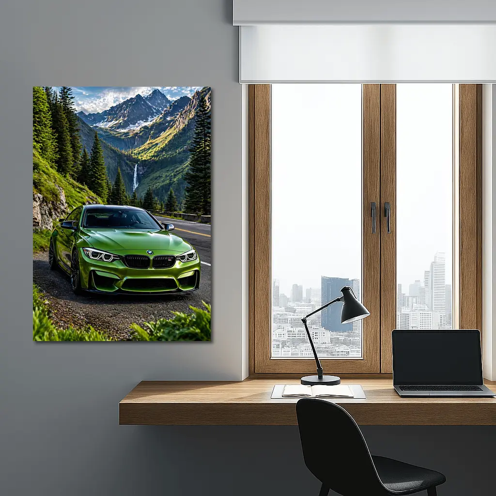 Green BMW M4 Mountain Road Waterfall – Wall Art