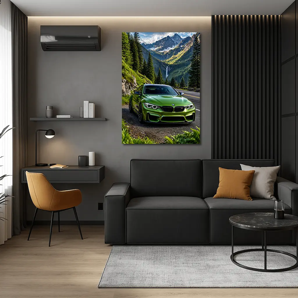 Green BMW M4 Mountain Road Waterfall – Wall Art