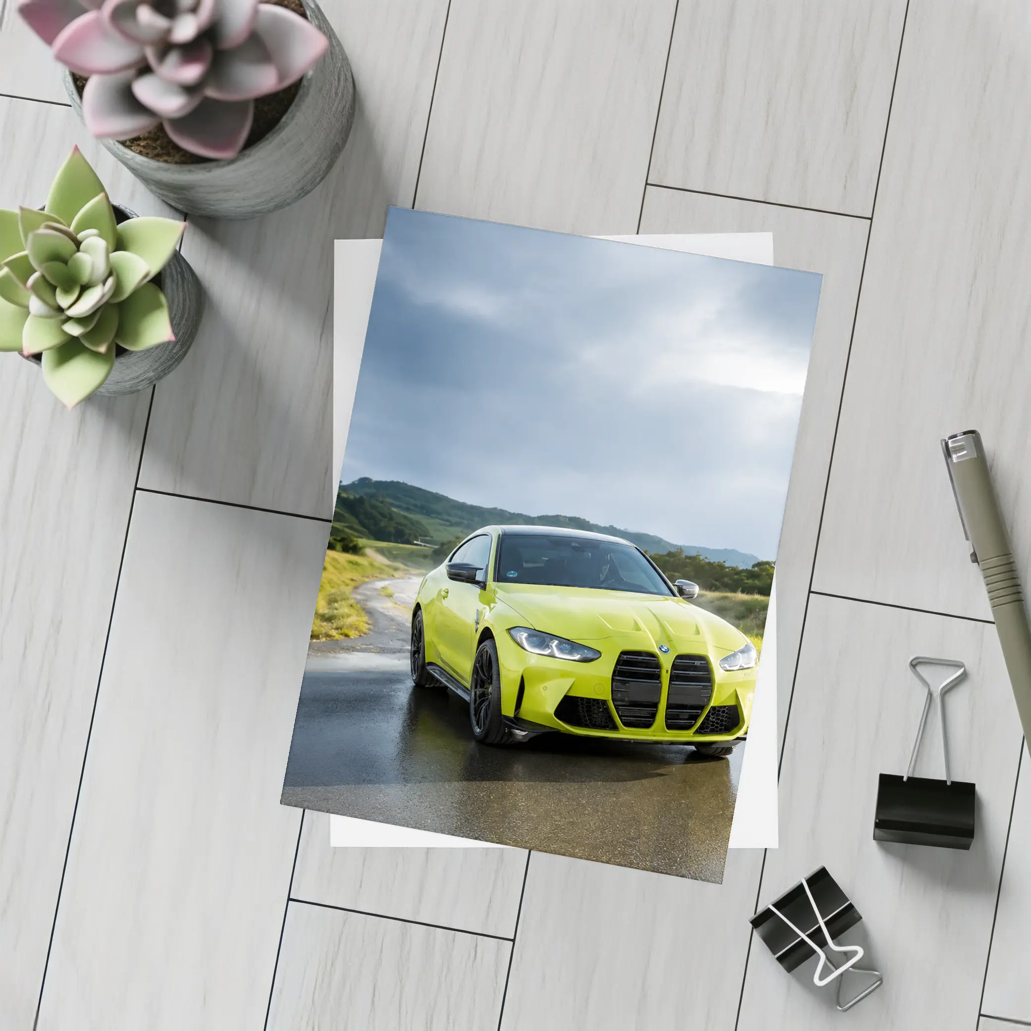 BMW M4 Lime Green Wet Road Hills – Postcards