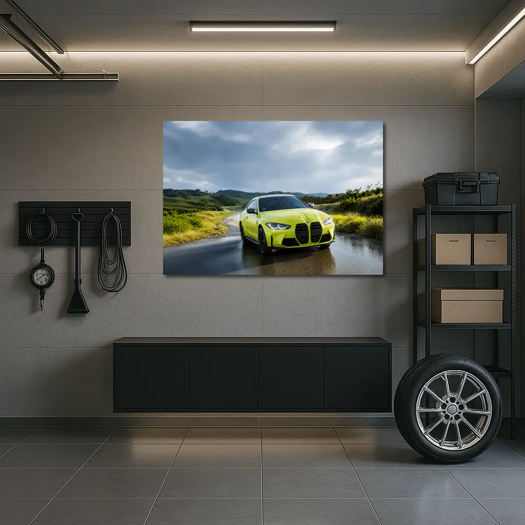 BMW M4 Lime Green Wet Road Hills – Wall Art