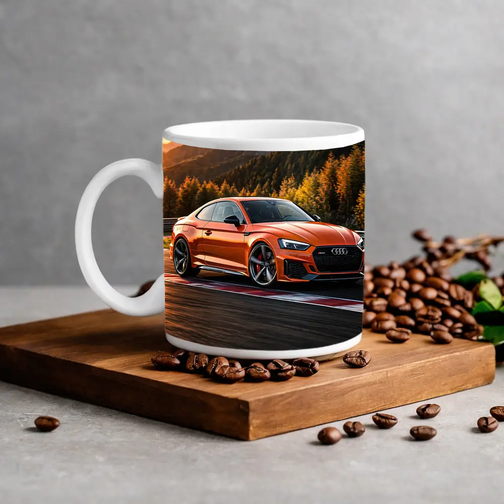 Audi RS5 Orange Coupe on Racing Track – Mugs
