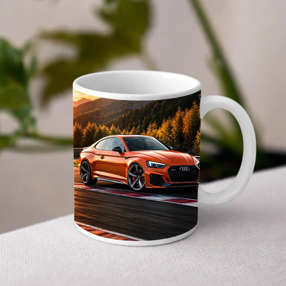 Audi RS5 Orange Coupe on Racing Track – Mugs
