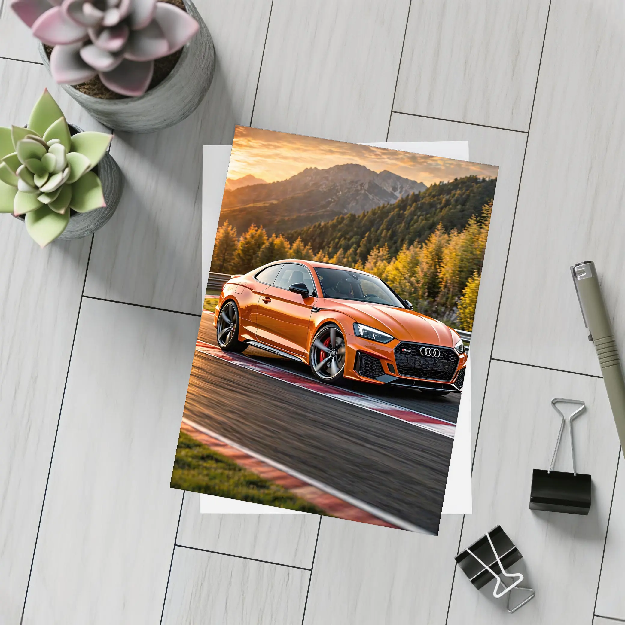 Audi RS5 Orange Coupe on Racing Track – Postcards