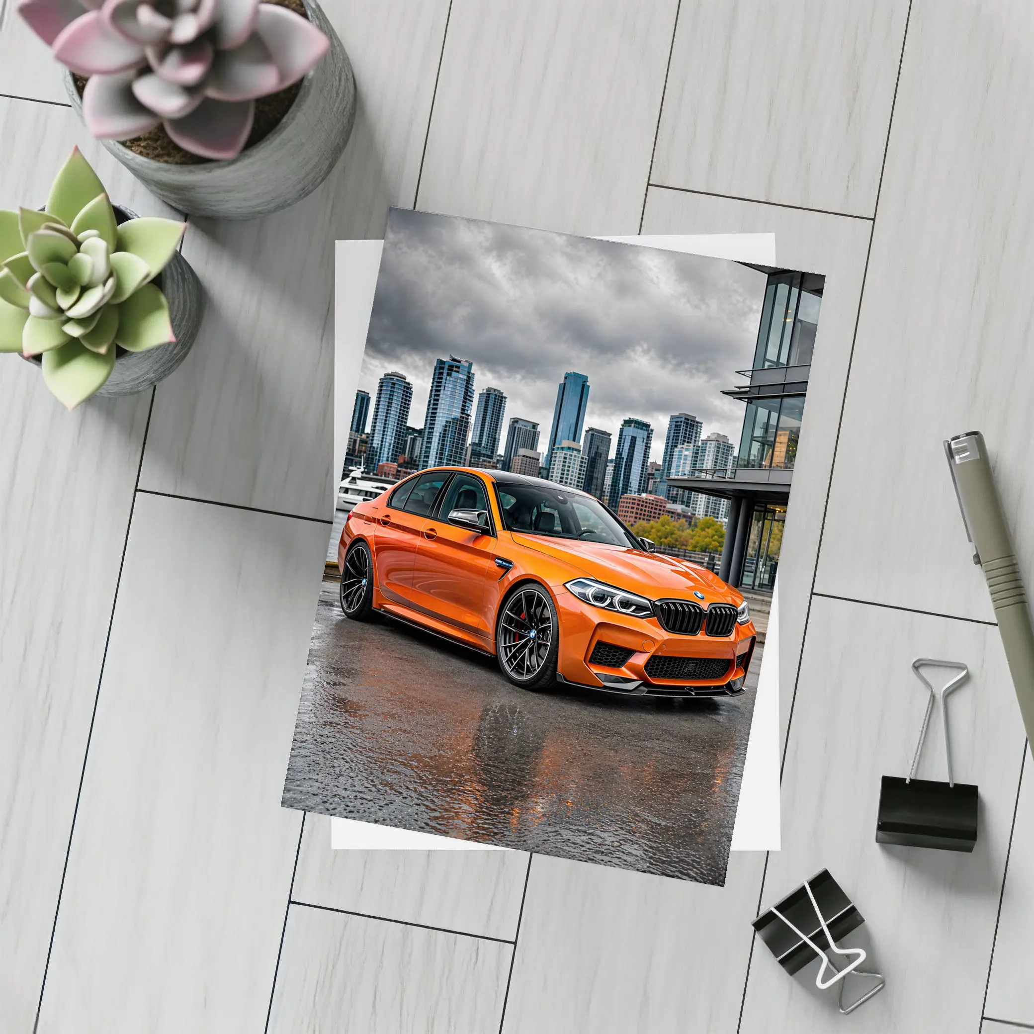 BMW M5 Orange Sedan City Waterfront – Postcards