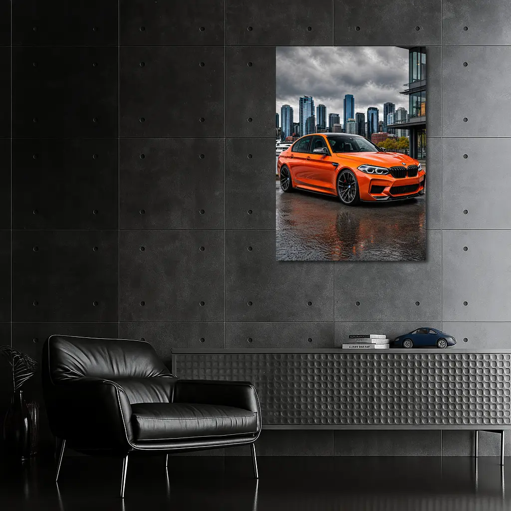 BMW M5 Orange Sedan City Waterfront – Wall Art