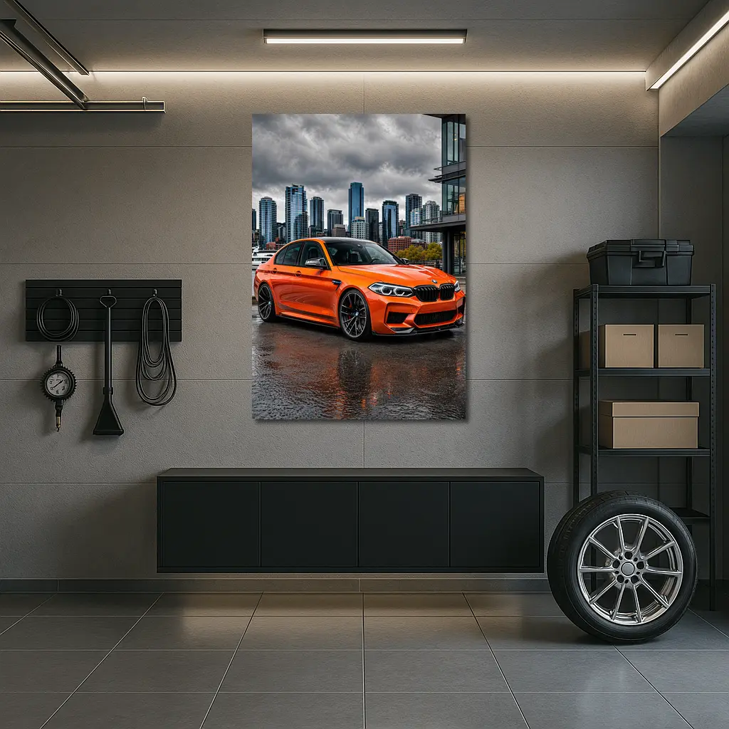 BMW M5 Orange Sedan City Waterfront – Wall Art