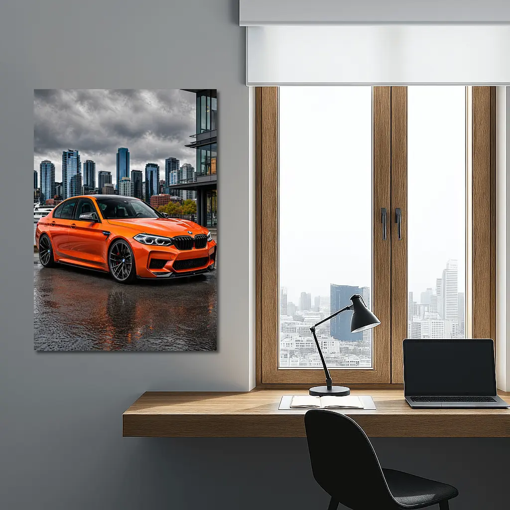 BMW M5 Orange Sedan City Waterfront – Wall Art