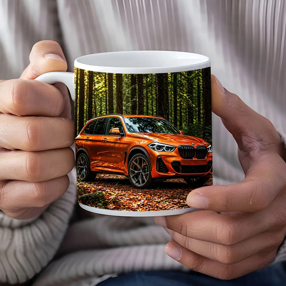 BMW X1 Orange SUV Forest Setting – Mugs