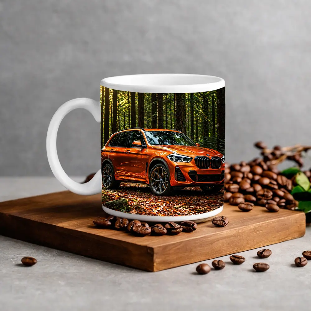 BMW X1 Orange SUV Forest Setting – Mugs
