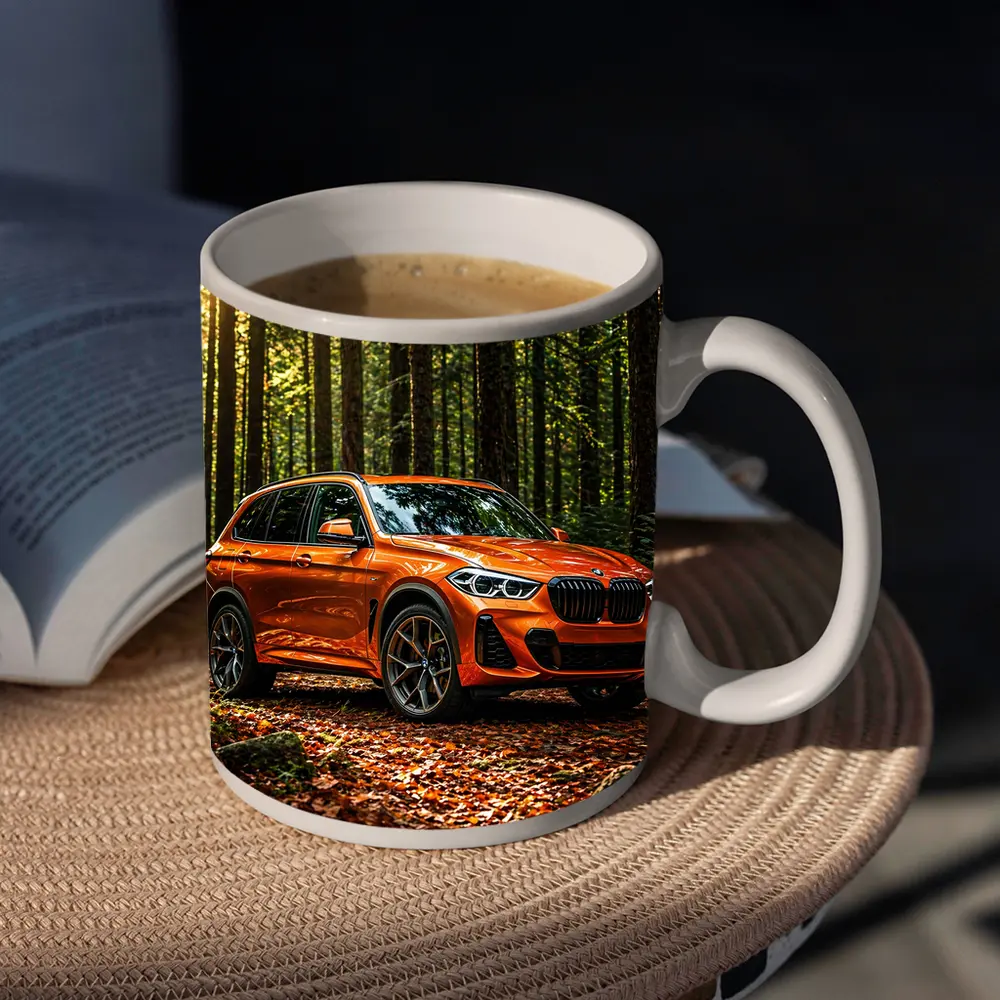 BMW X1 Orange SUV Forest Setting – Mugs