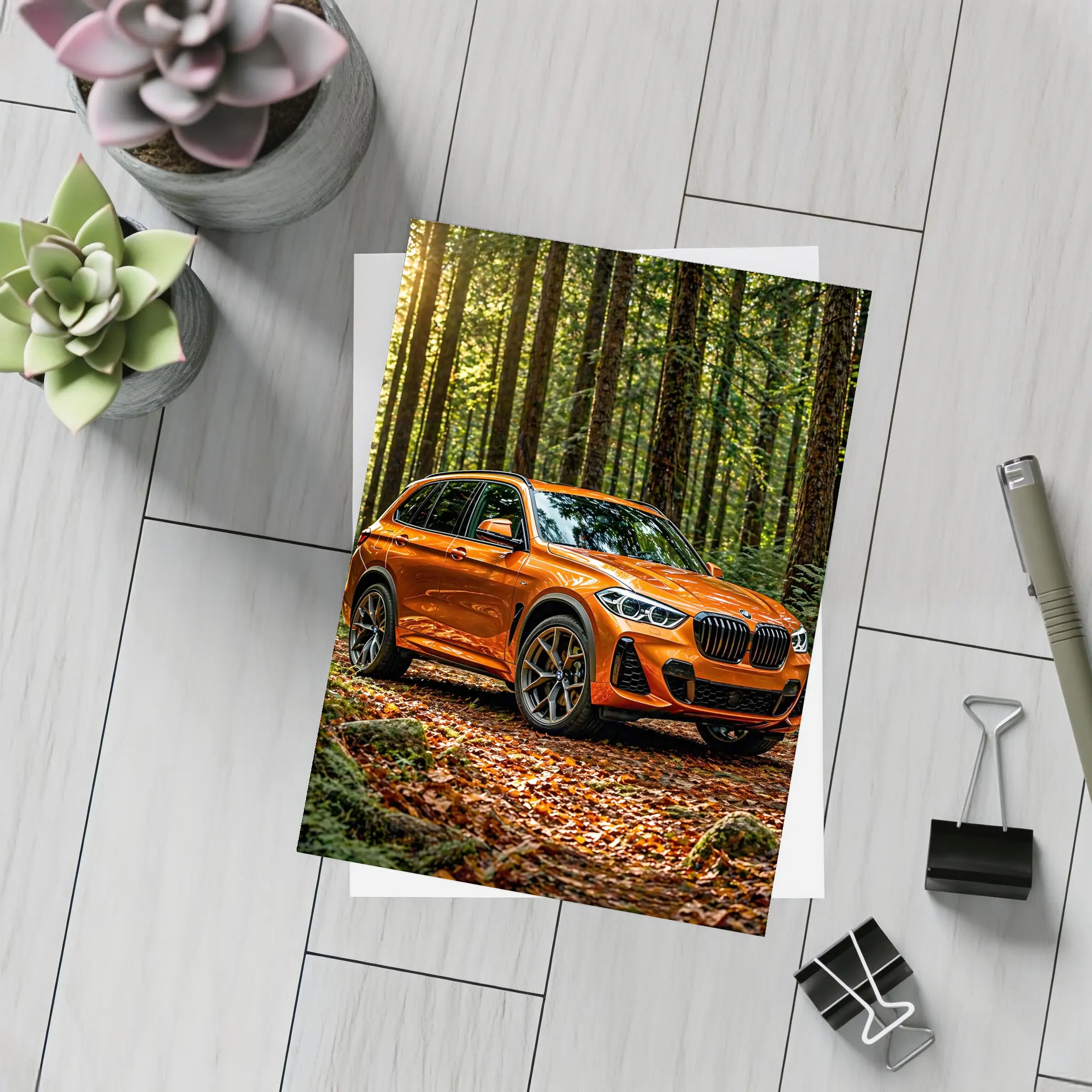 BMW X1 Orange SUV Forest Setting – Postcards