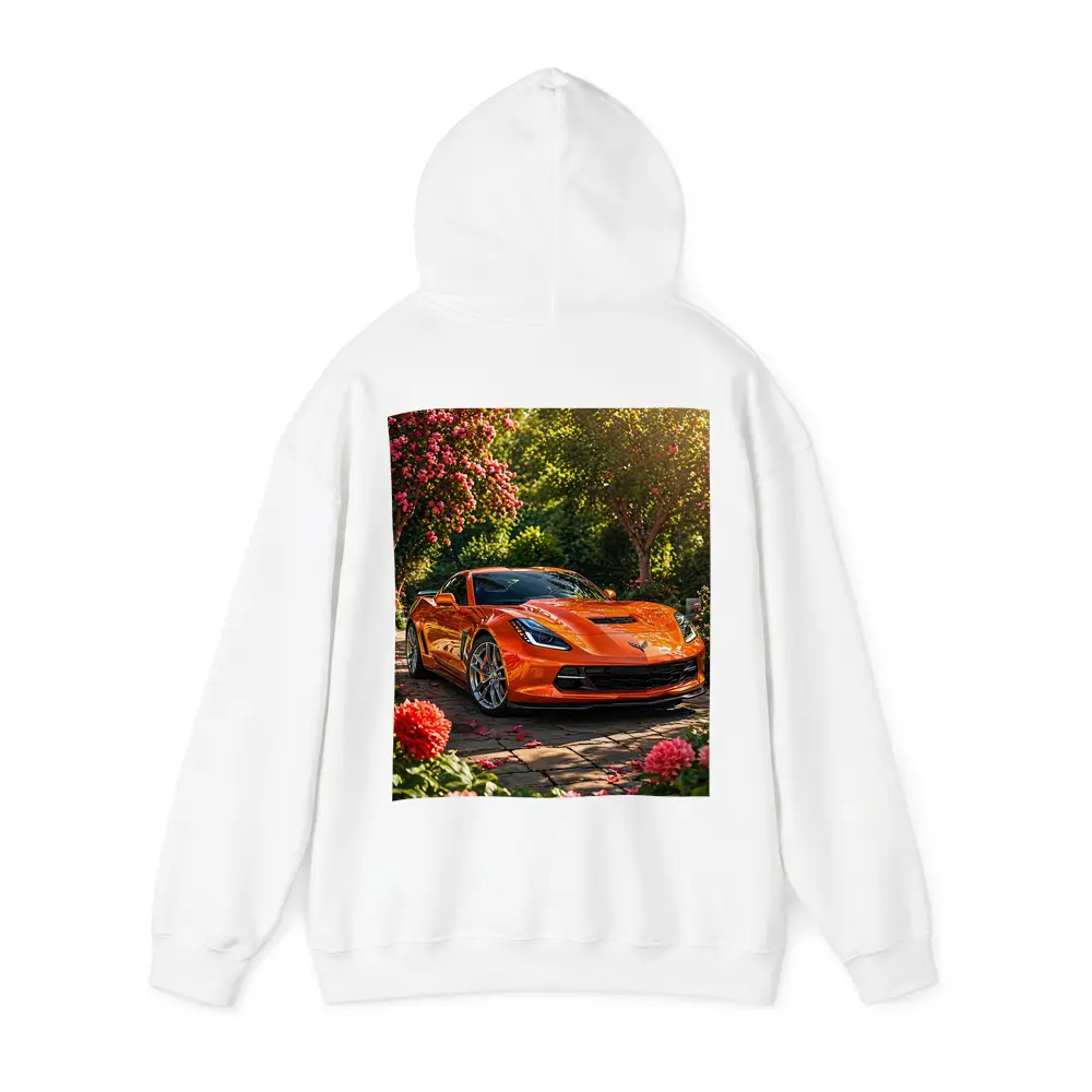 Orange Chevrolet Corvette Parked in Blooming Garden – Hoodies