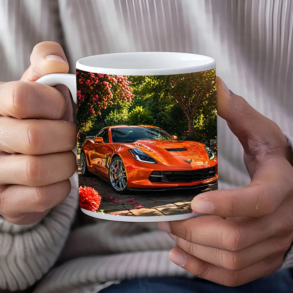 Orange Chevrolet Corvette Parked in Blooming Garden – Mugs