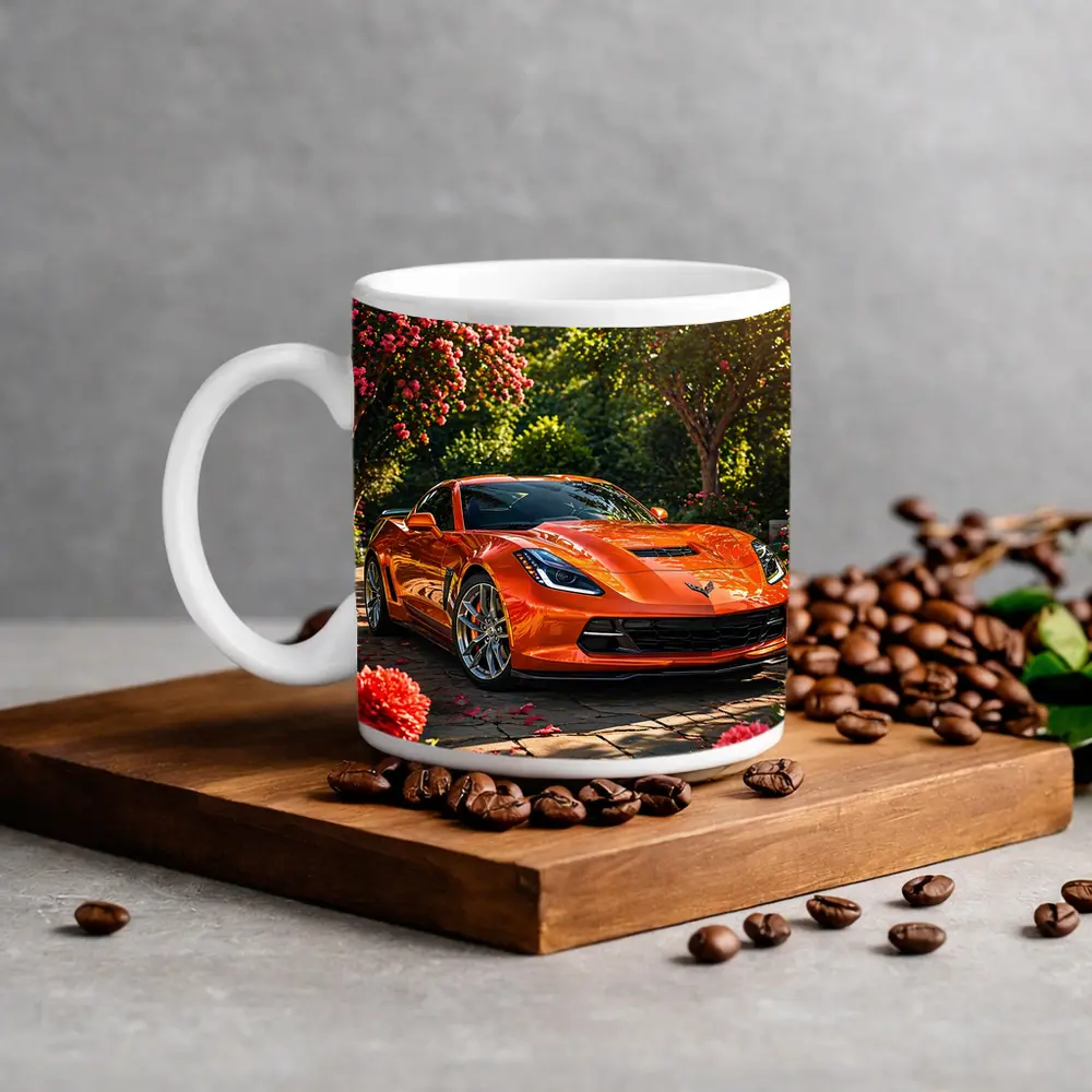 Orange Chevrolet Corvette Parked in Blooming Garden – Mugs