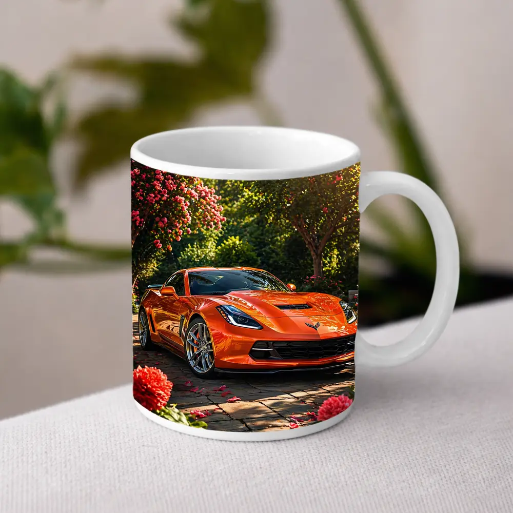 Orange Chevrolet Corvette Parked in Blooming Garden – Mugs
