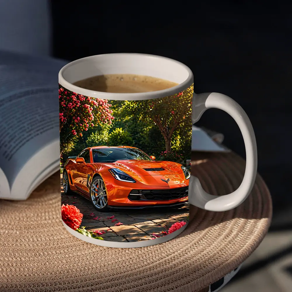 Orange Chevrolet Corvette Parked in Blooming Garden – Mugs