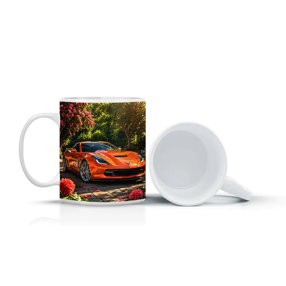 Orange Chevrolet Corvette Parked in Blooming Garden – Mugs