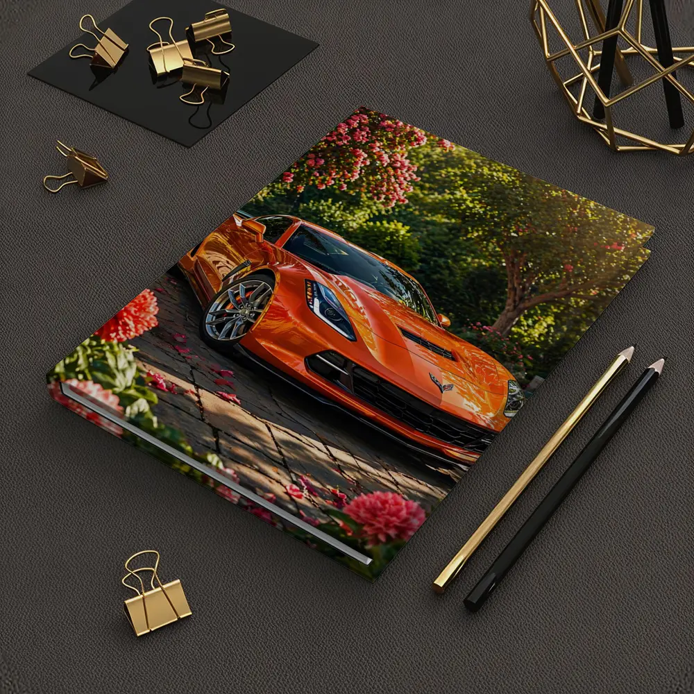 Orange Chevrolet Corvette Parked in Blooming Garden – Notebooks