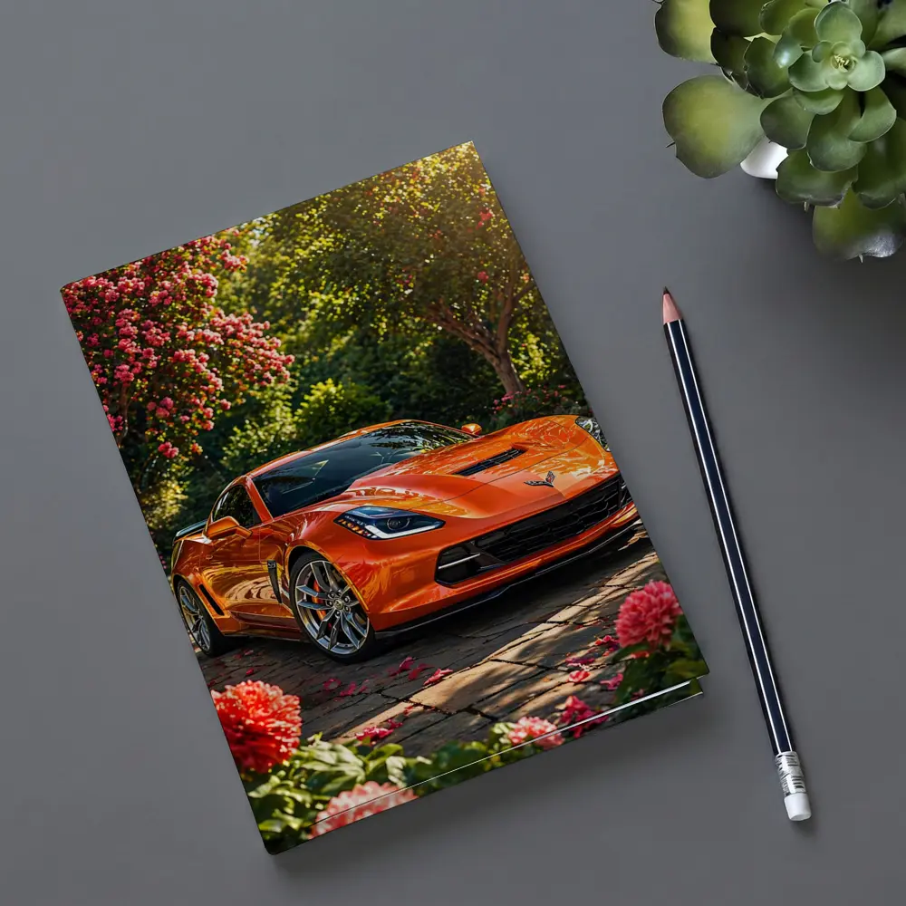 Orange Chevrolet Corvette Parked in Blooming Garden – Notebooks