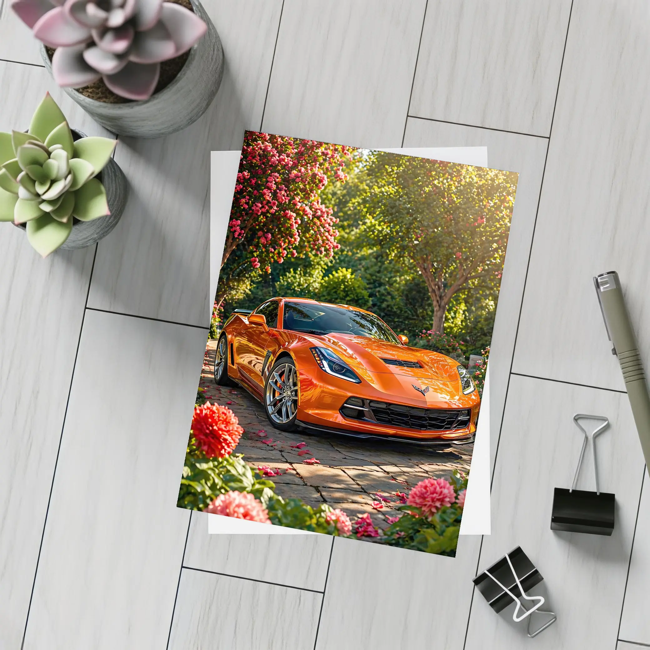 Orange Chevrolet Corvette Parked in Blooming Garden – Postcards
