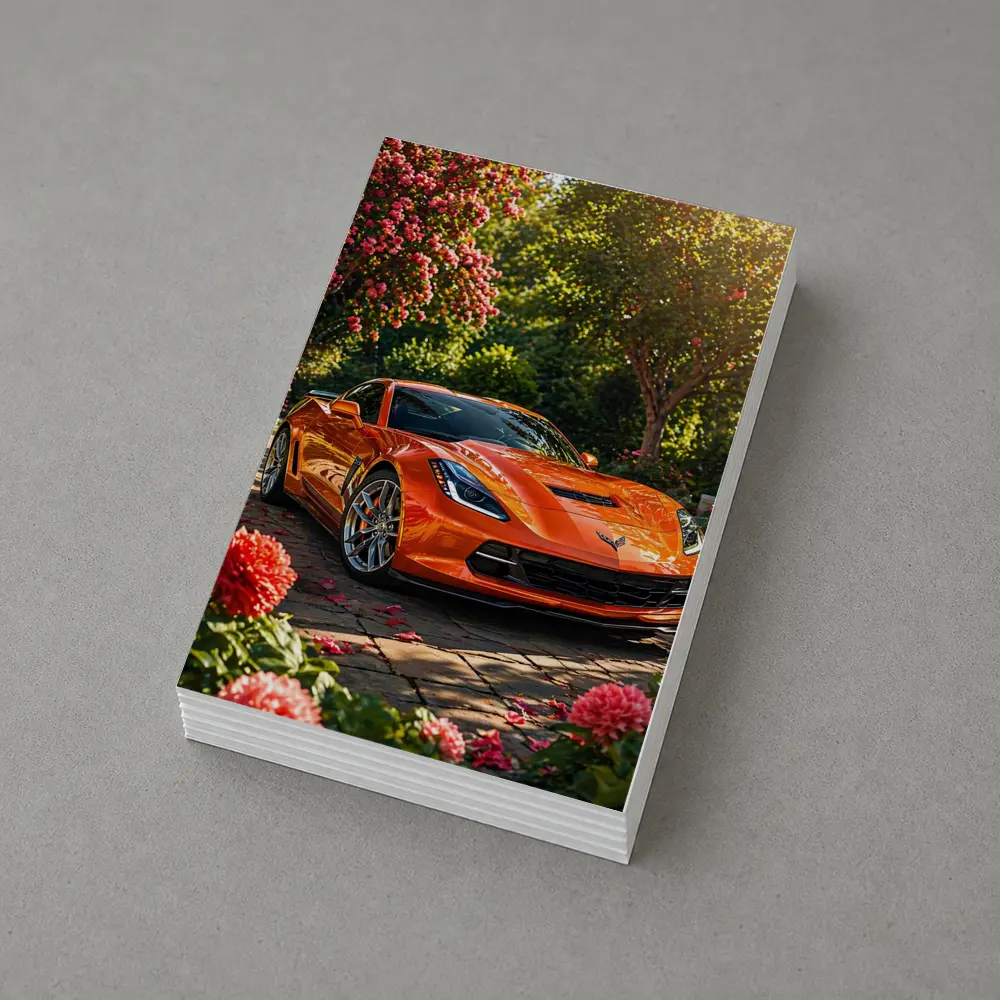 Orange Chevrolet Corvette Parked in Blooming Garden – Postcards