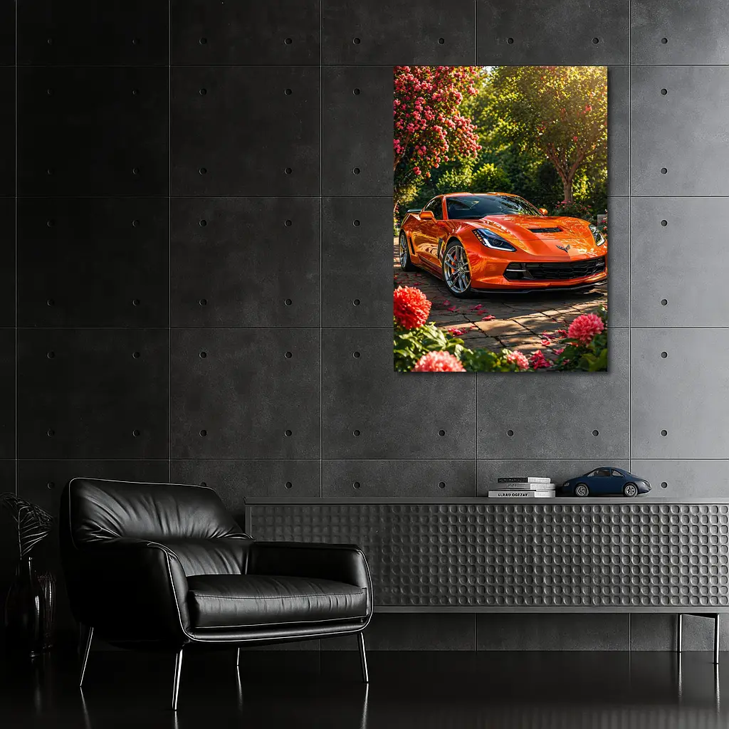 Orange Chevrolet Corvette Parked in Blooming Garden – Wall Art