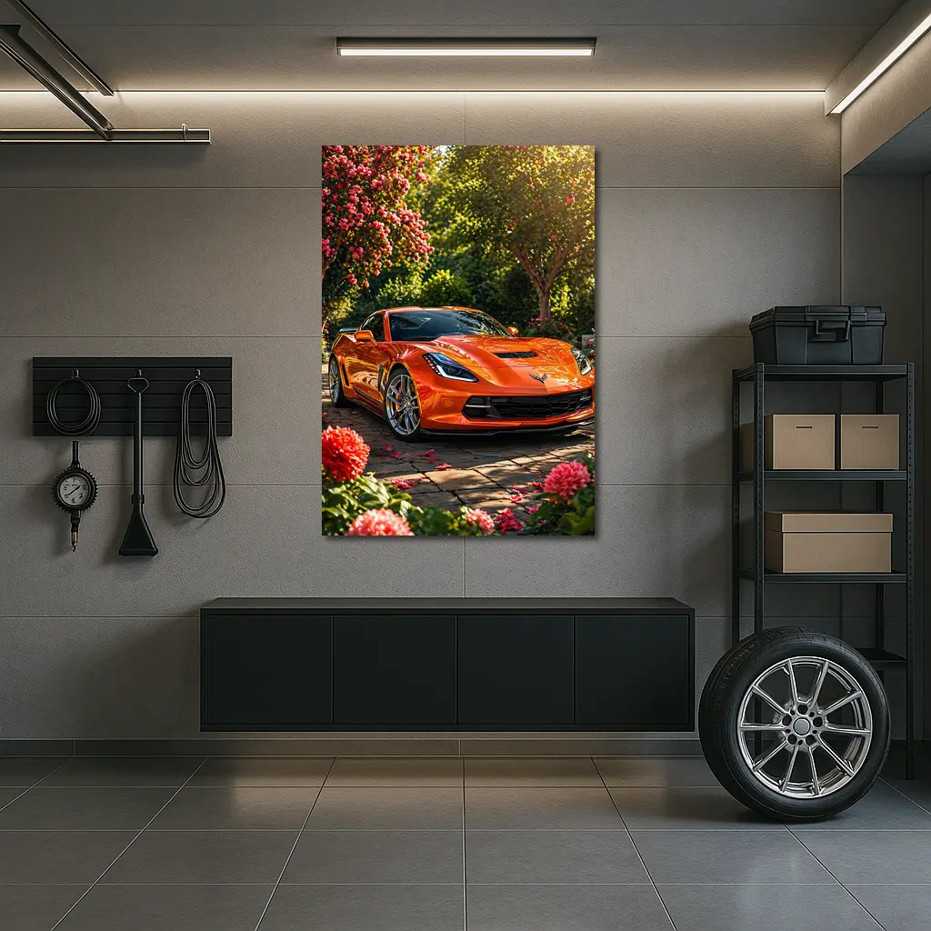 Orange Chevrolet Corvette Parked in Blooming Garden – Wall Art