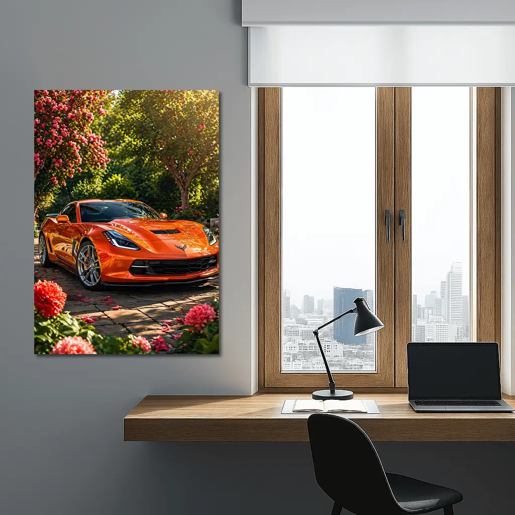 Orange Chevrolet Corvette Parked in Blooming Garden – Wall Art