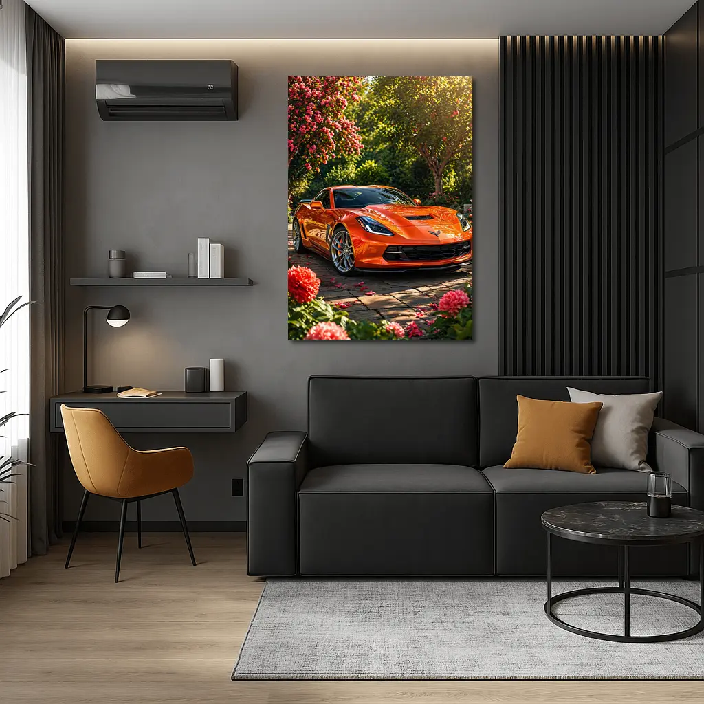 Orange Chevrolet Corvette Parked in Blooming Garden – Wall Art