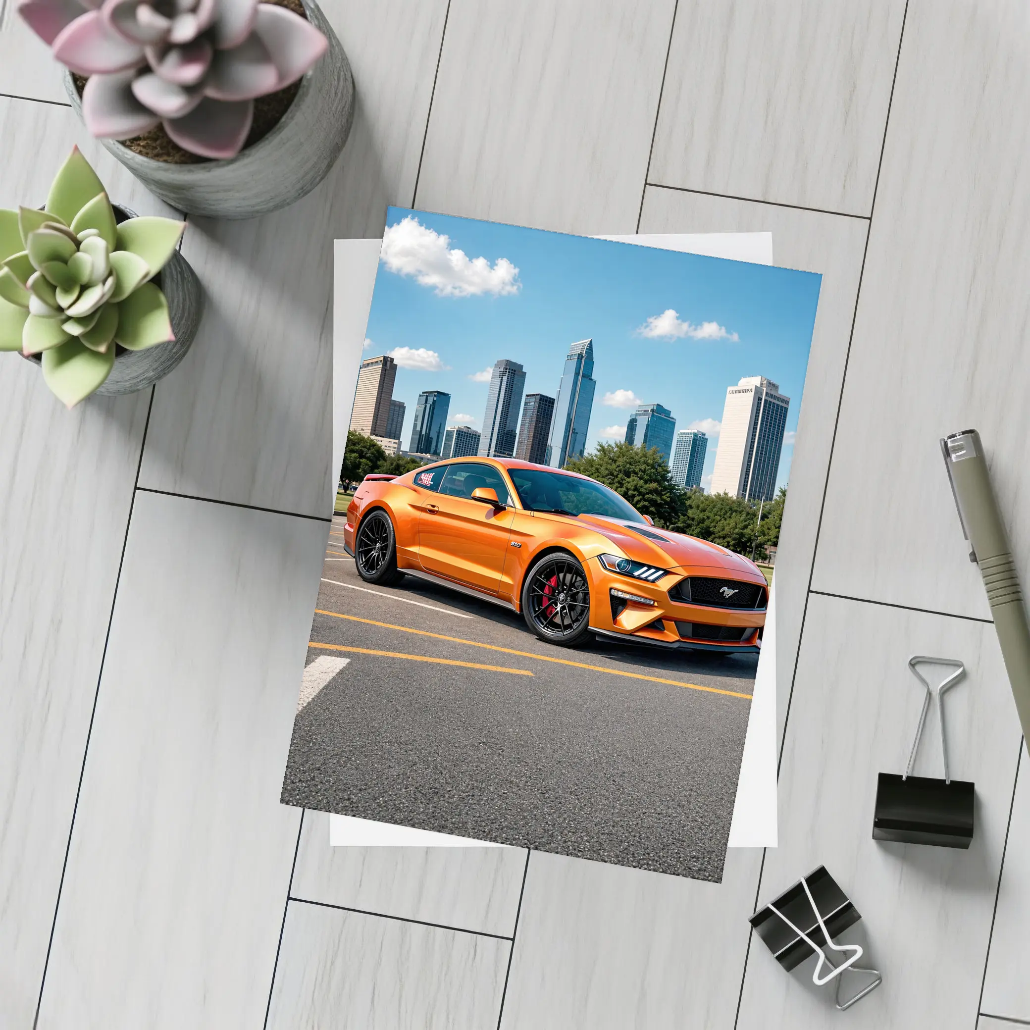 Ford Mustang GT Orange City Skyline – Postcards