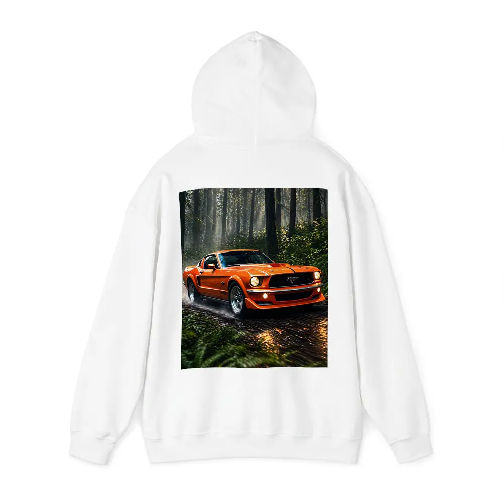 Orange Ford Mustang Roaring Through Forest Road – Hoodies