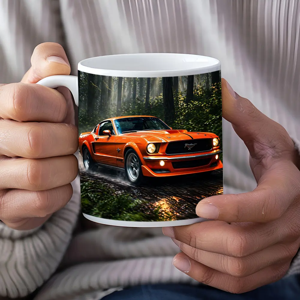 Orange Ford Mustang Roaring Through Forest Road – Mugs
