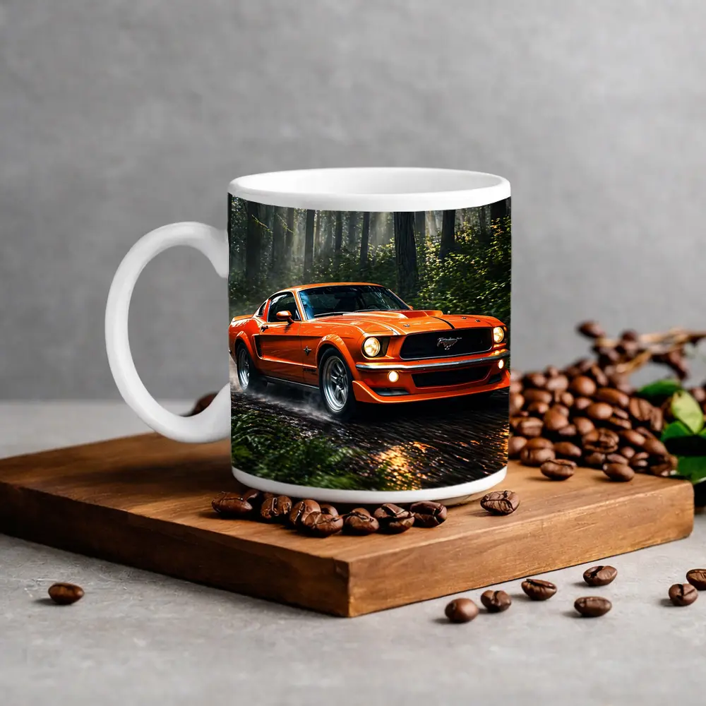 Orange Ford Mustang Roaring Through Forest Road – Mugs
