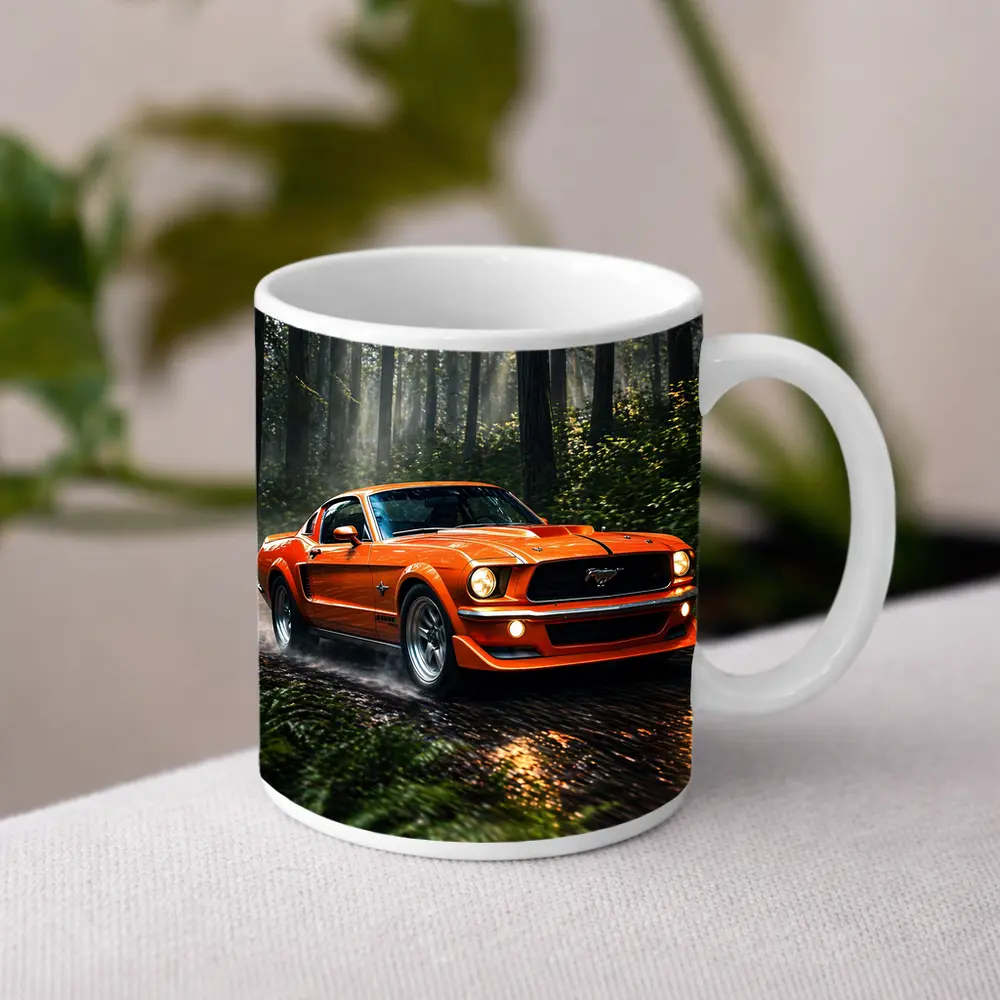 Orange Ford Mustang Roaring Through Forest Road – Mugs