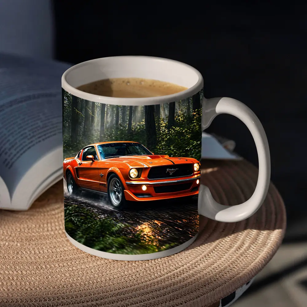 Orange Ford Mustang Roaring Through Forest Road – Mugs