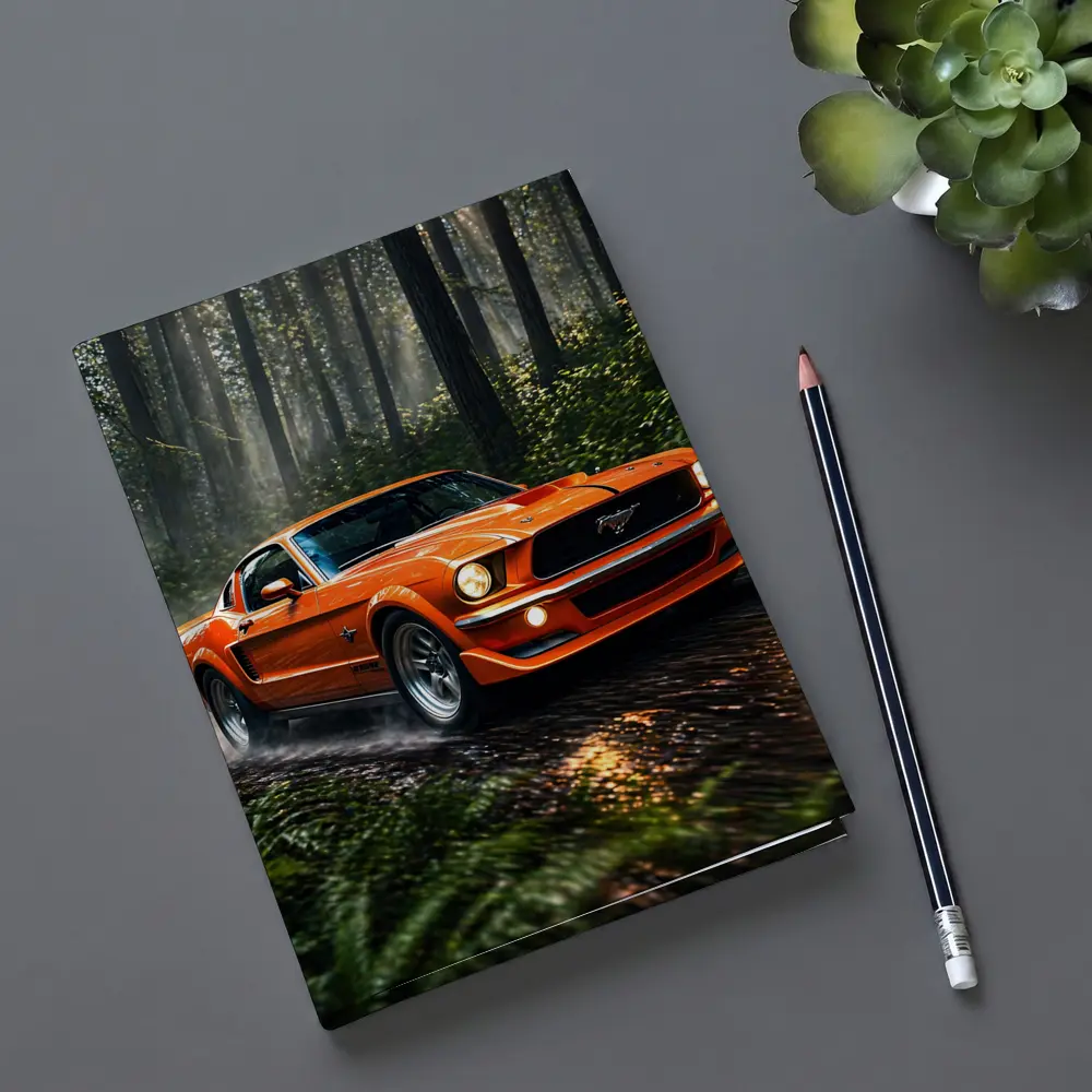 Orange Ford Mustang Roaring Through Forest Road – Notebooks