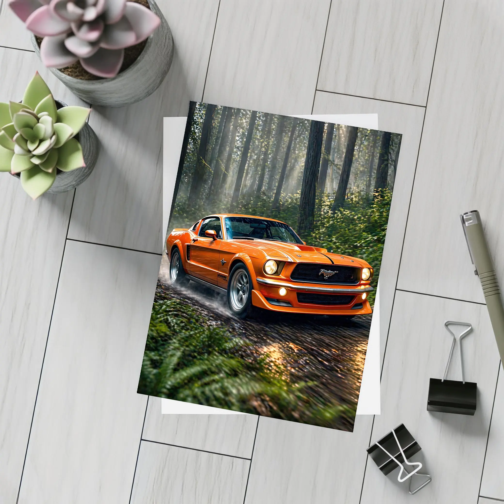 Orange Ford Mustang Roaring Through Forest Road – Postcards