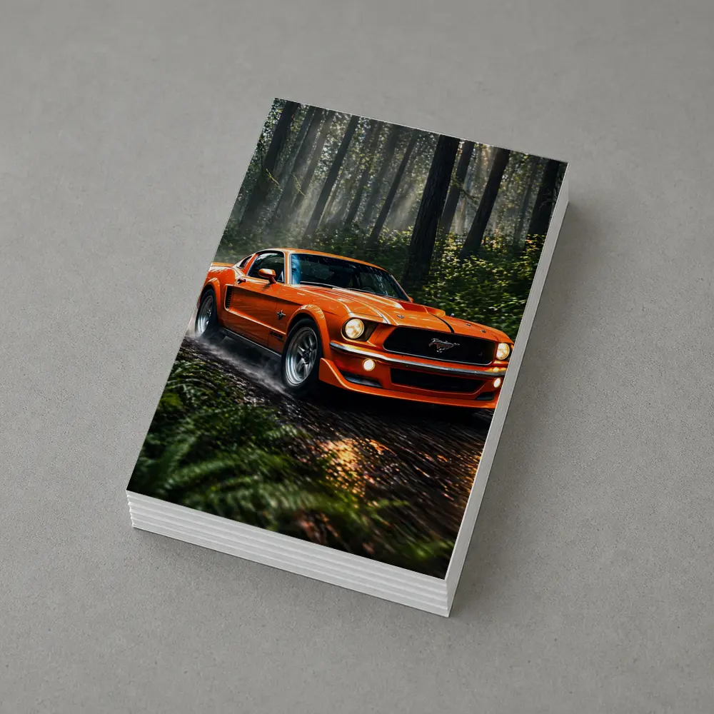 Orange Ford Mustang Roaring Through Forest Road – Postcards