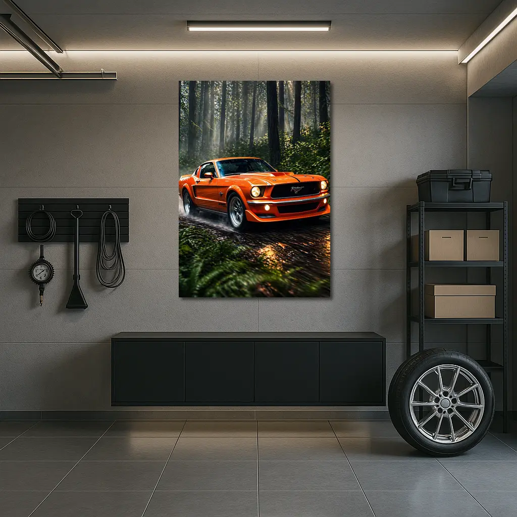 Orange Ford Mustang Roaring Through Forest Road – Wall Art