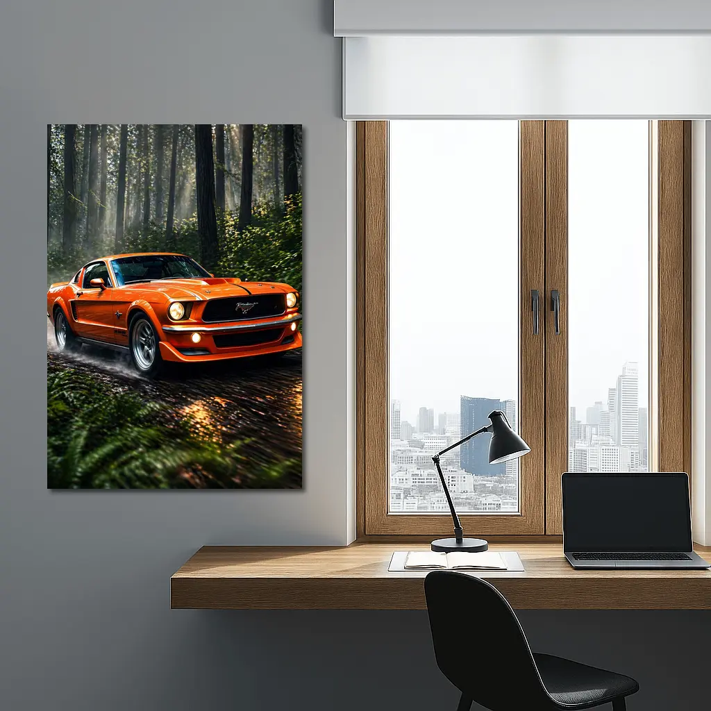 Orange Ford Mustang Roaring Through Forest Road – Wall Art