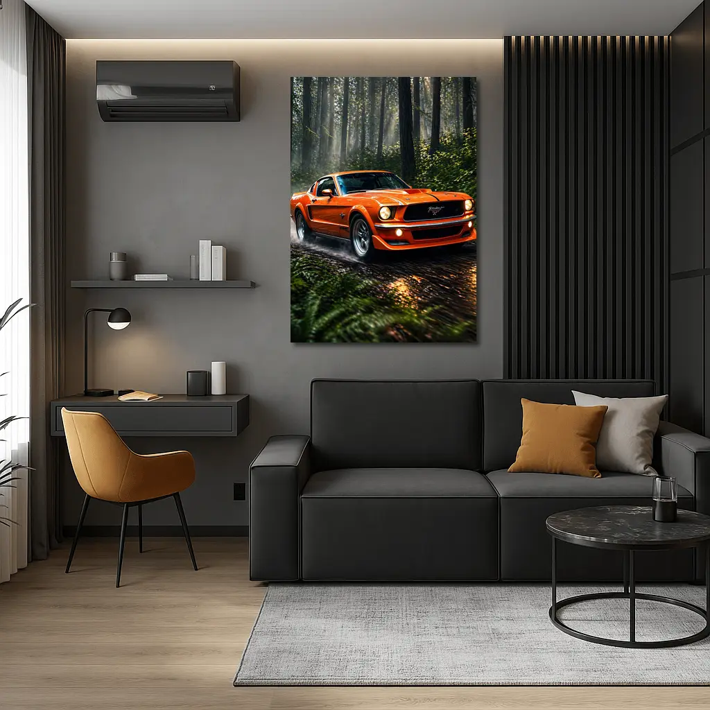 Orange Ford Mustang Roaring Through Forest Road – Wall Art