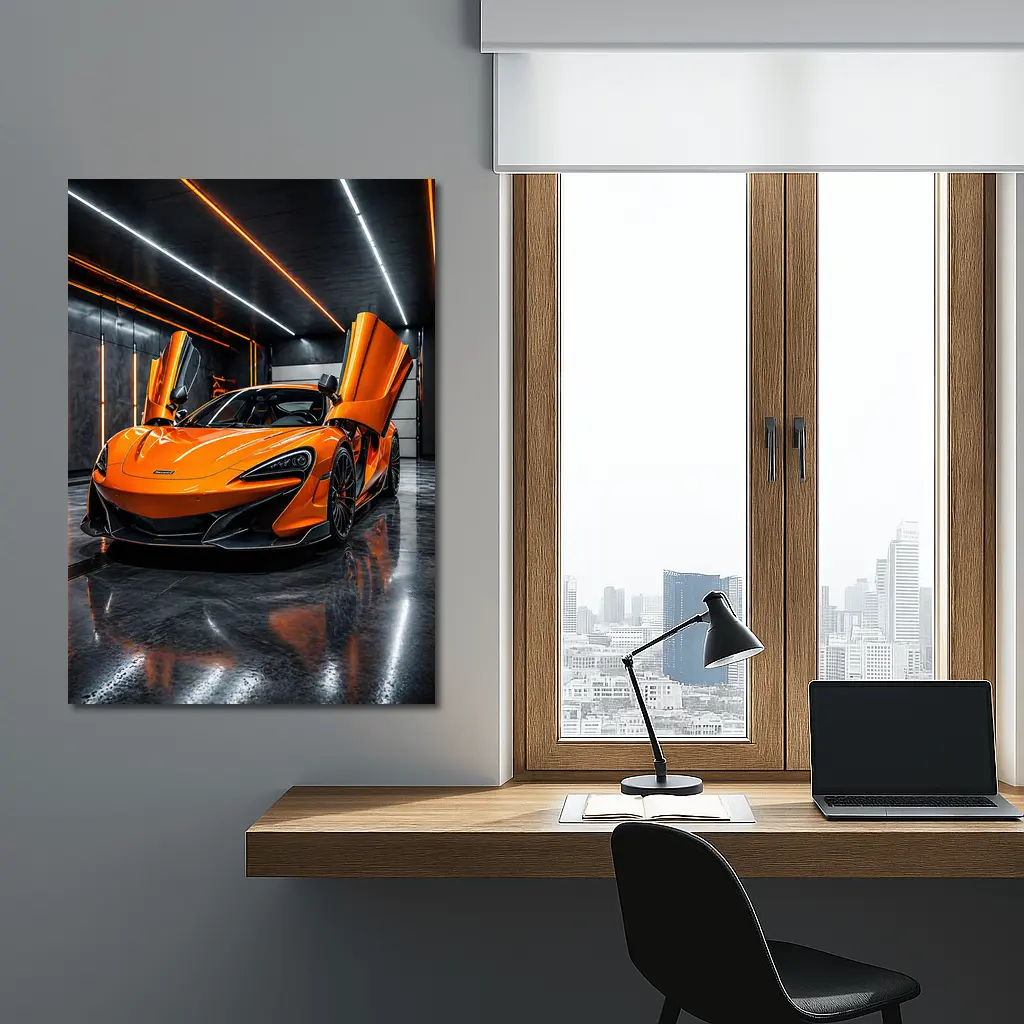McLaren 600LT Orange Dihedral Doors Garage – Wall Art
