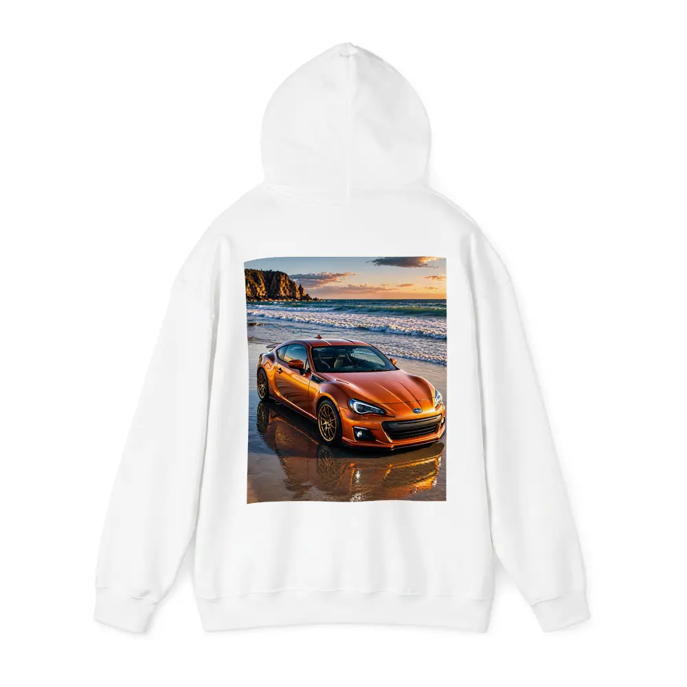 Orange Subaru BRZ Parked on Sunset Beach – Hoodies