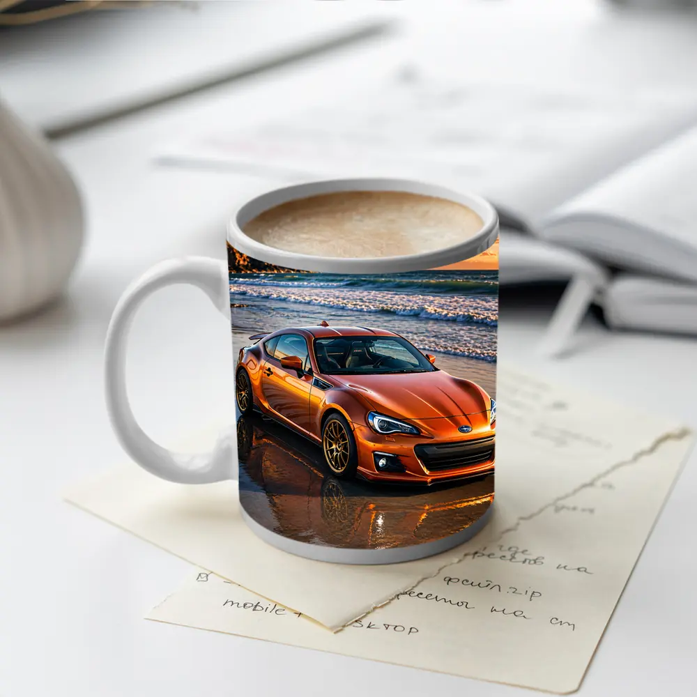Orange Subaru BRZ Parked on Sunset Beach – Mugs