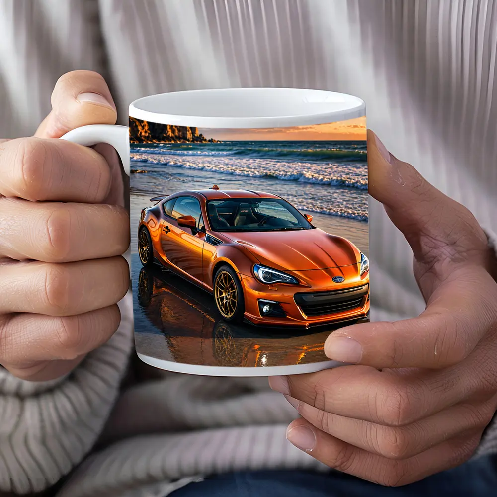 Orange Subaru BRZ Parked on Sunset Beach – Mugs