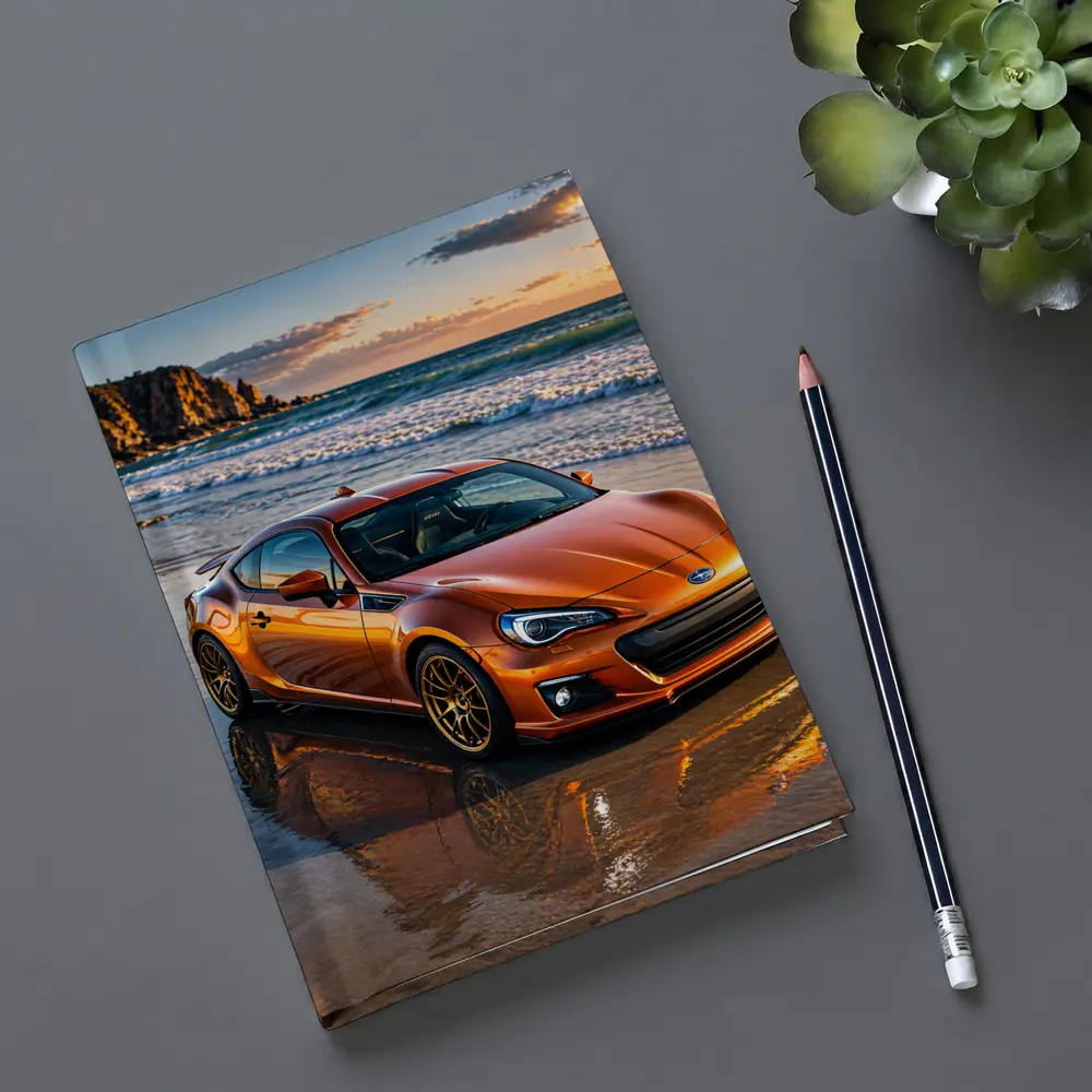 Orange Subaru BRZ Parked on Sunset Beach – Notebooks