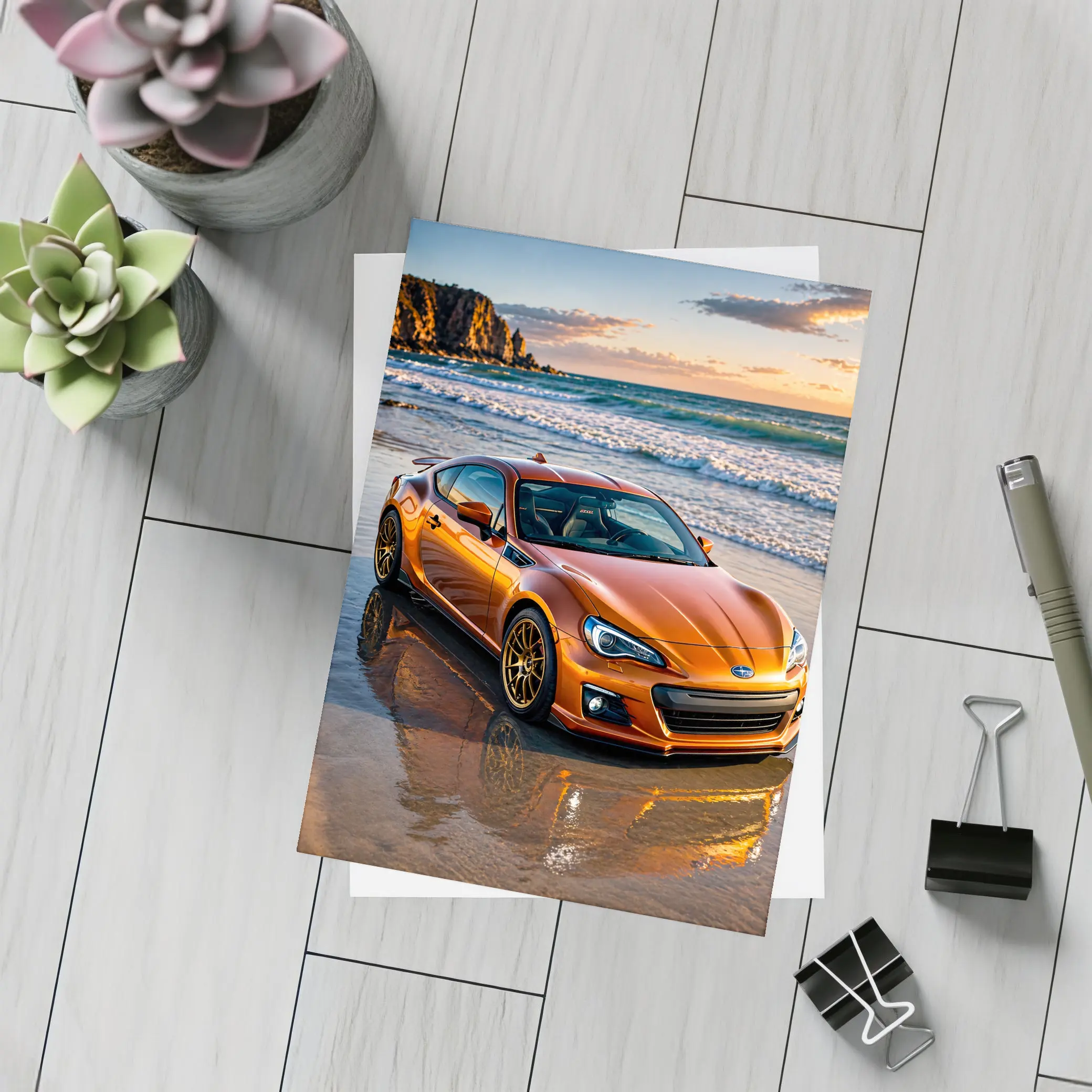 Orange Subaru BRZ Parked on Sunset Beach – Postcards