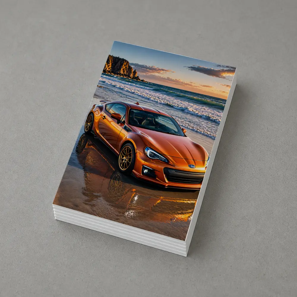 Orange Subaru BRZ Parked on Sunset Beach – Postcards