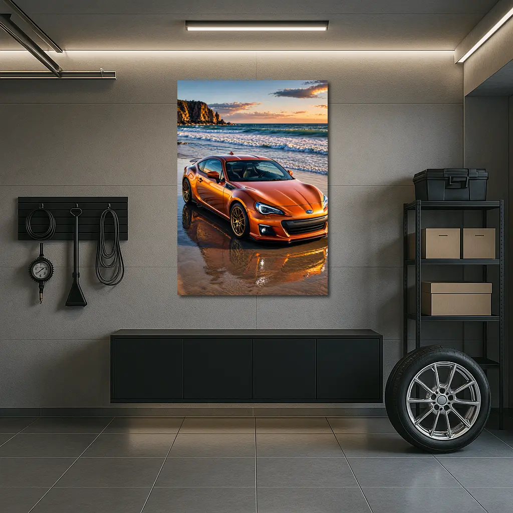 Orange Subaru BRZ Parked on Sunset Beach – Wall Art