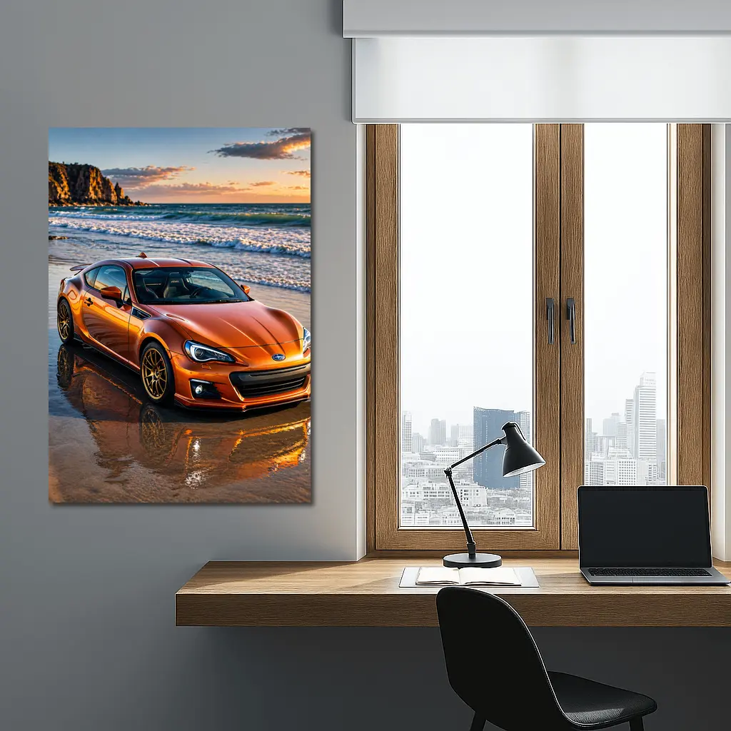 Orange Subaru BRZ Parked on Sunset Beach – Wall Art